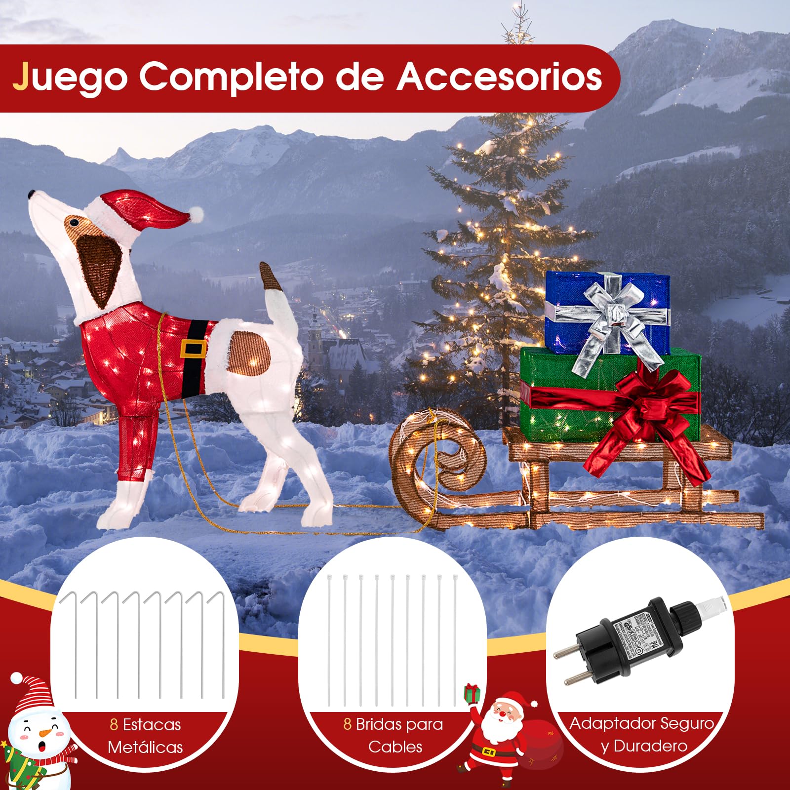 COSTWAY Decoración de Navidad de Jardín 170 Luces LED, Trineo y Combo de Perro, con Cajas, Adorno Festivos Navideño Iluminados para Interior y Exterior, Jardín, Patio