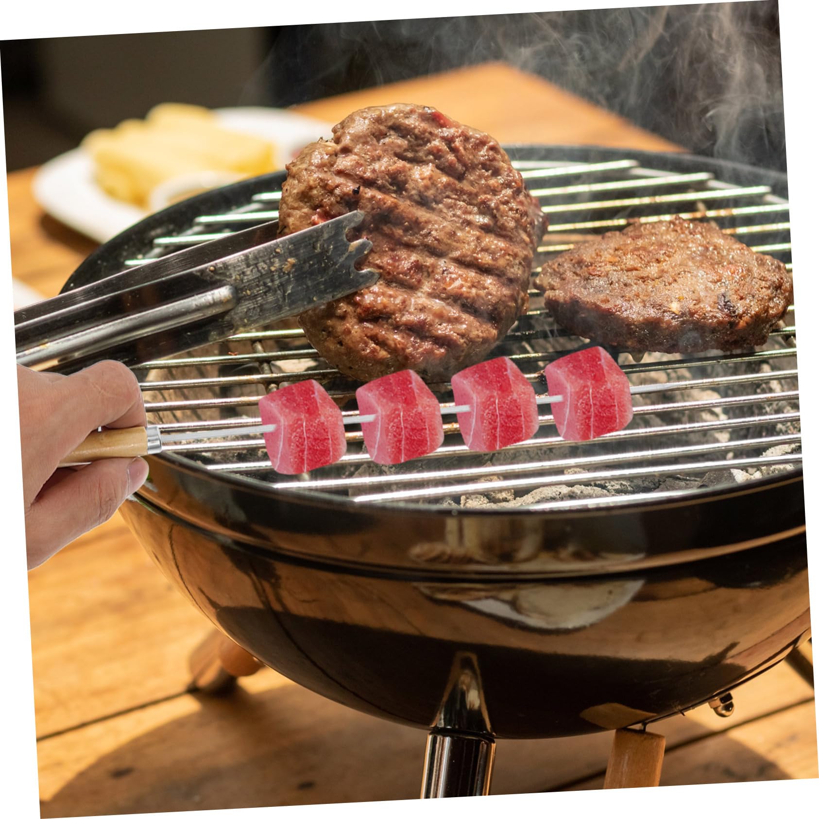 50 Spiedini in Acciaio Inossidabile Manico in Legno per Barbecue, Spiedini Piani Versatili e Antiscivolo per Carne e Verdure alla Griglia