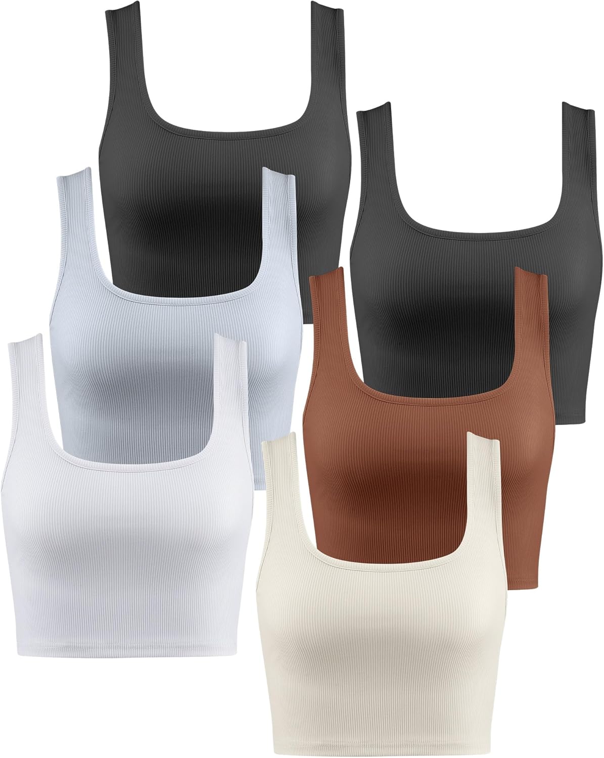 Jecery 6 Pack Women's Ribbed Crop Tank Tops Ice Silk Square Neck Slim Fit Workout Yoga Sleeveless Shirts for Summer