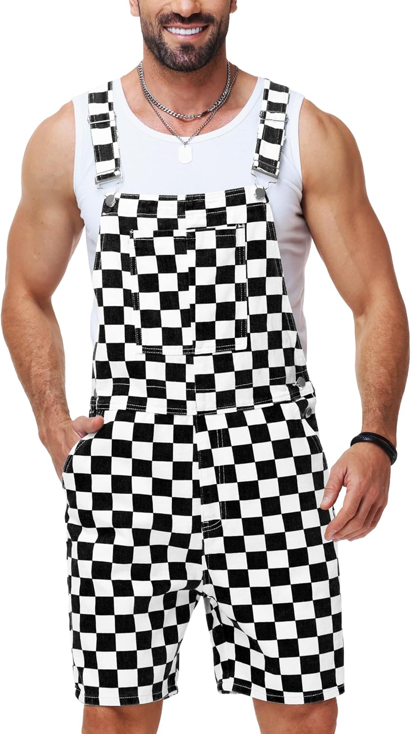 Mens Checkered Bibs Overalls Cotton Denim Jeans Jumpsuits