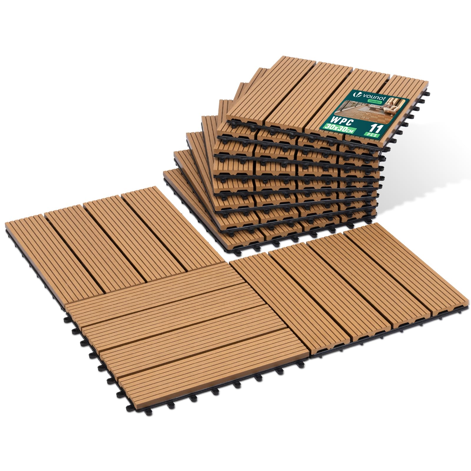 VOUNOT® WPC Decking Tiles Set of 11, Interlocking Terrace Deck Tiles, Anti-Slip Waterproof Outdoor Garden Patio Balcony Flooring, 30 x 30 cm, Wood Color — image 1