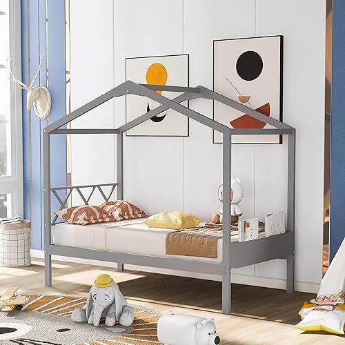 Miniatura 1 de Cama de casa individual, cama individual en forma de casa, base de cama de madera con techo para niños, niñas, adolescentes, no necesita somier,