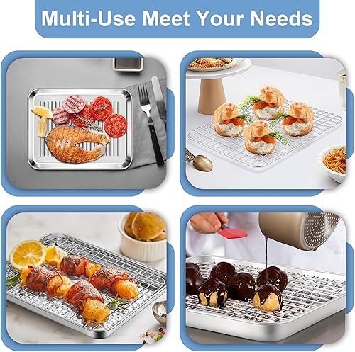 Miniatura 5 de TeamFar Molde para horno tostador con rejilla de enfriamiento, mini bandeja de acero inoxidable para horno tostador compacto, 9 pulgadas, fondo