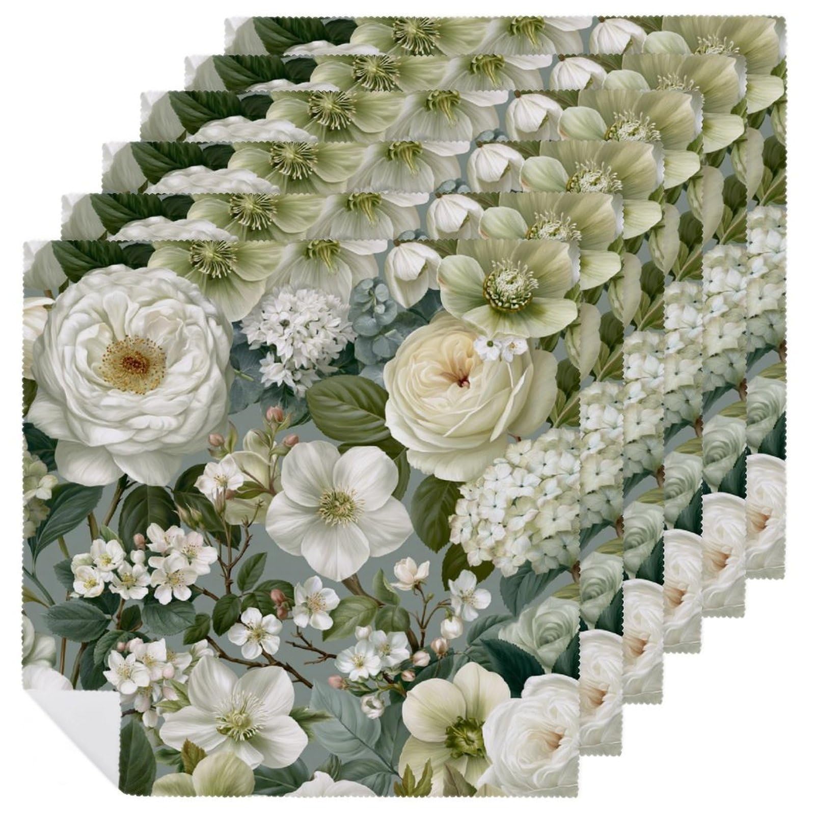 Luxury Botanical White Roses Hydrangeas Clusters Cloth Napkins Set of 6, Square Premium Reusable Washable Polyester Table Linen Napkin for Dinner Party
