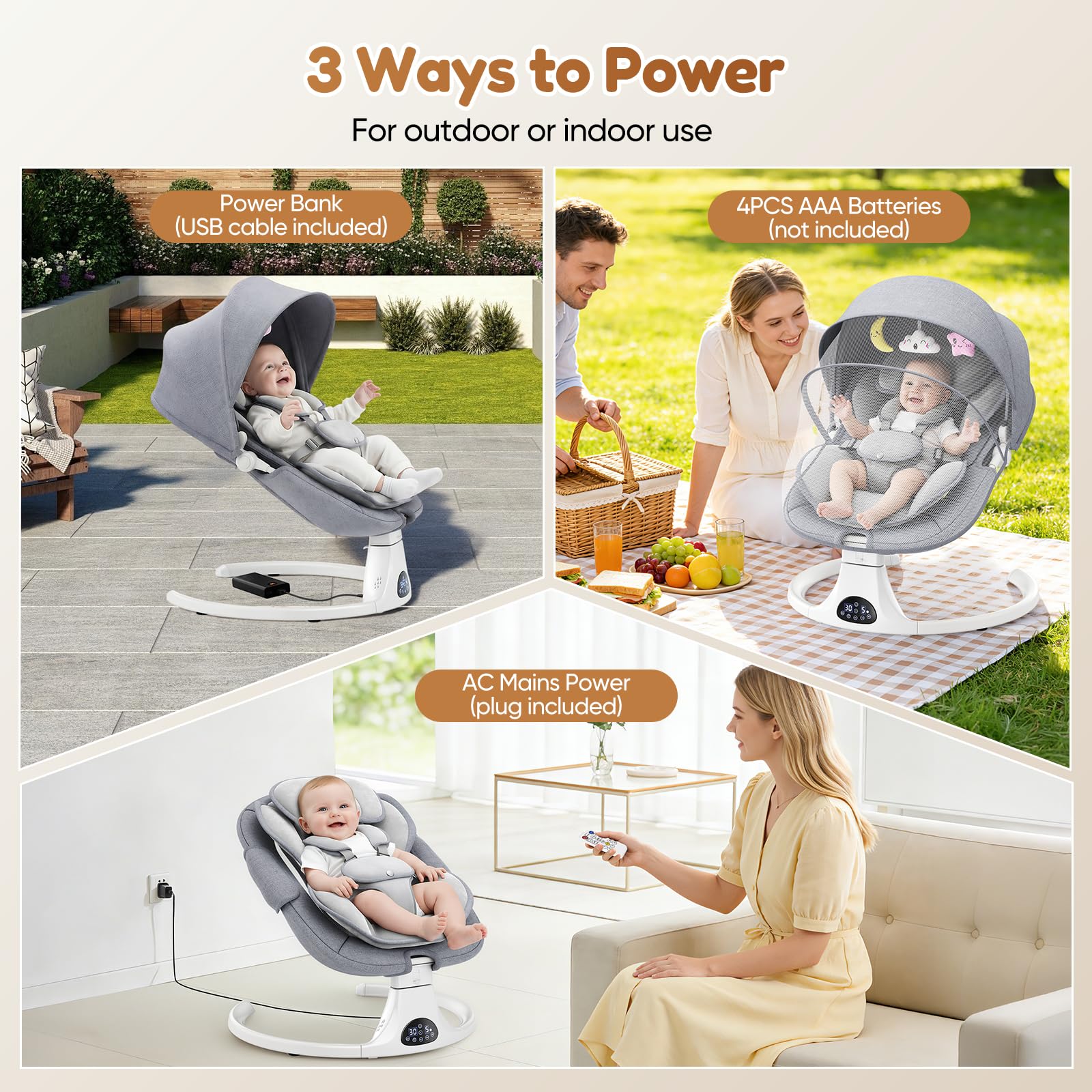 Transat Bebe Electrique, Balancelle bebe electrique avec harnais à 5 points, 5 modes du balancement, minuterie à 3 niveaux, télécommande et musique, utilisable en intérieur et en extérieur (Gris)