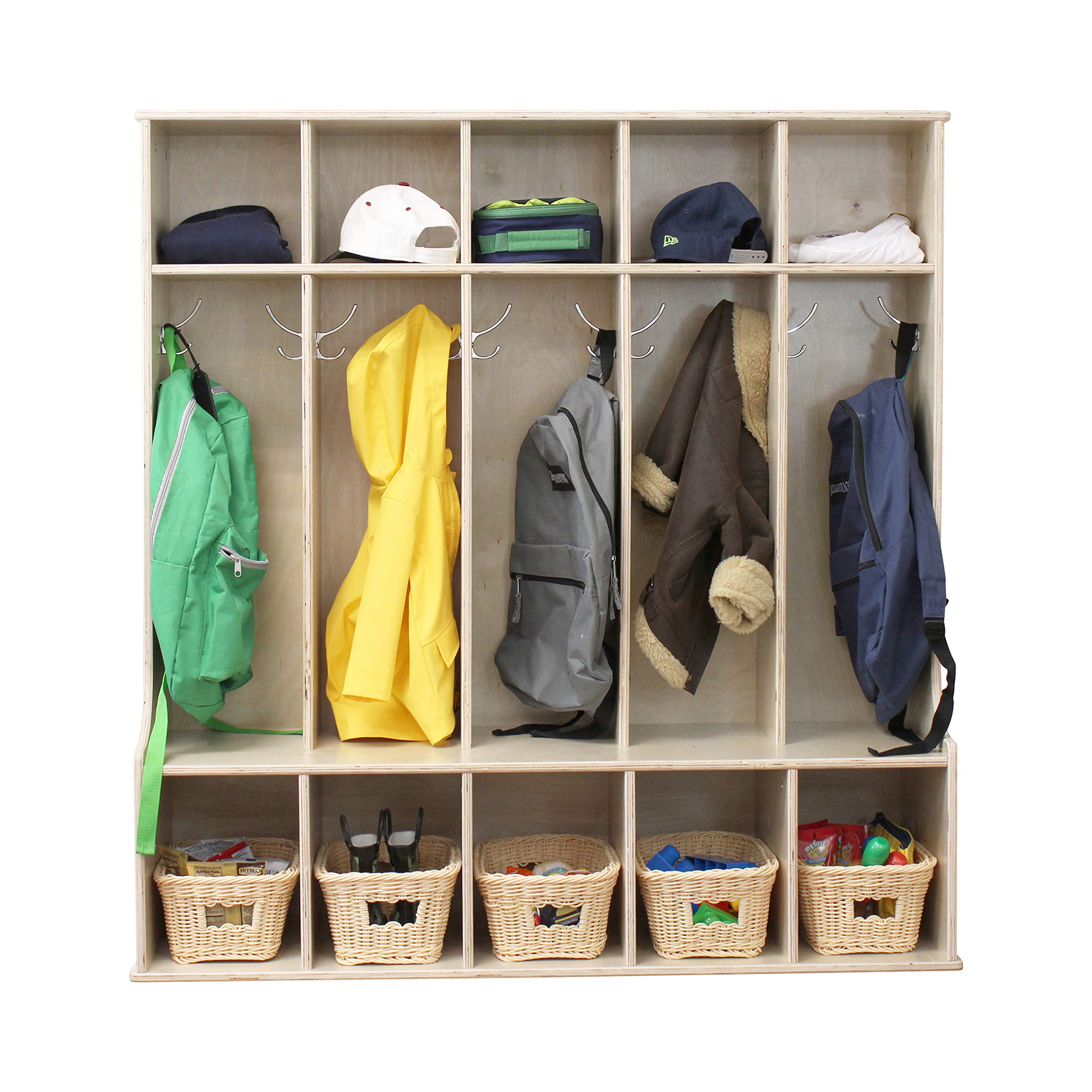 Factory Direct Partners Birch 5-Section Coat Locker with Bench, 10 Storage Cubbies and Coat Hooks; Durable, Sturdy Furniture for Home, Daycare,