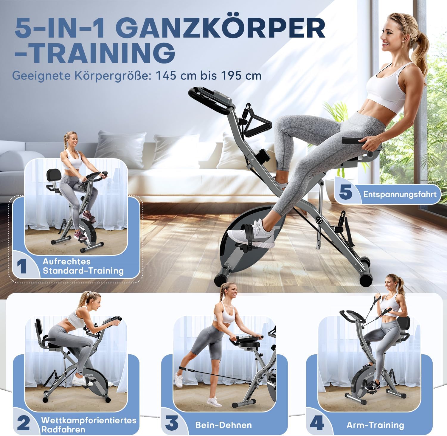 Image illustrating the five different training modes of the exercise bike, including upright, semi-recumbent, and resistance band exercises.