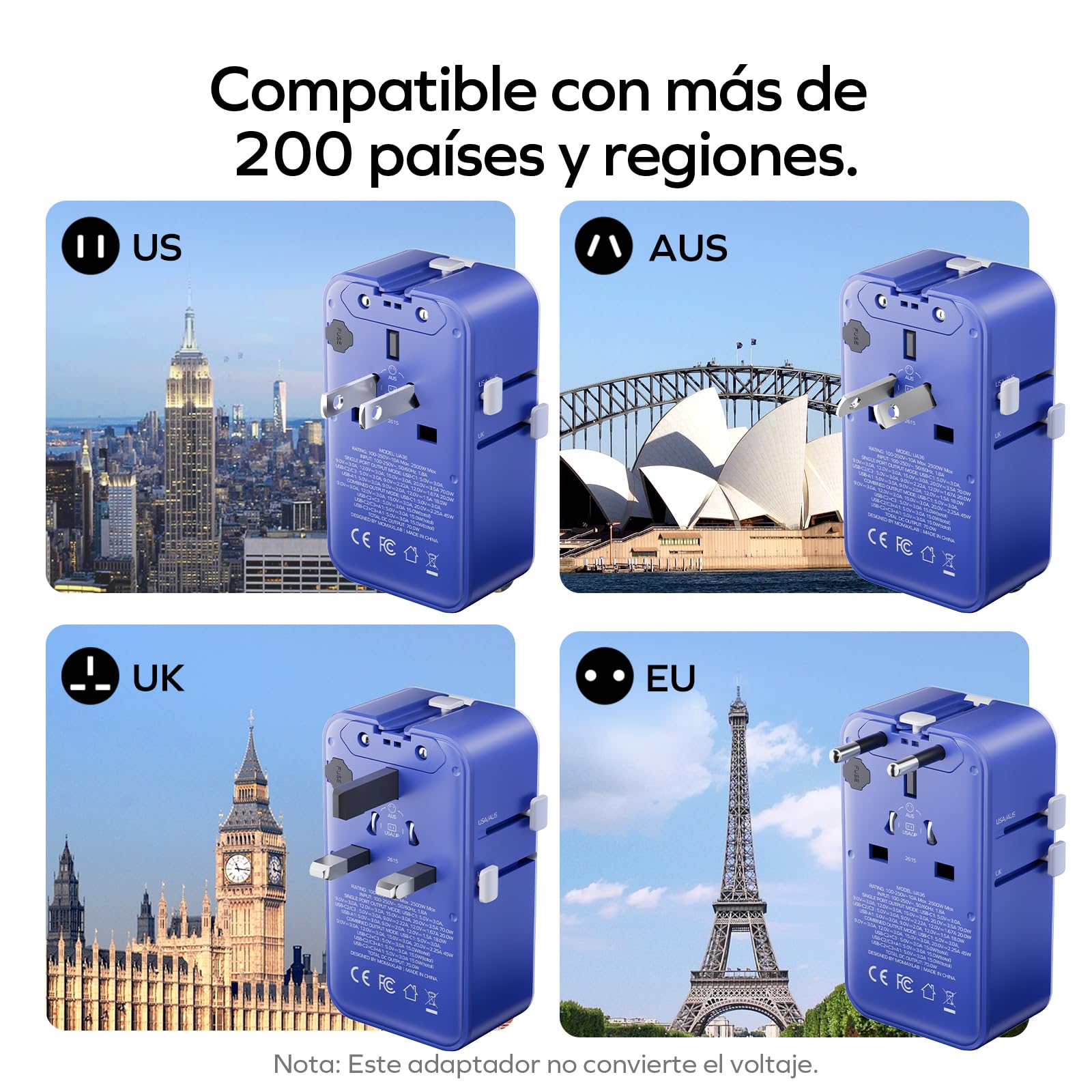MOMAX 70W GAN Adaptador Enchufe Universal Delgado, Enchufe Universal con 3 USB C y 1 USB A, Adaptador Universal Enchufe Viaje, Adaptador de Viaje para Inglaterra, EE. UU., Japón, Tailandia y Australia