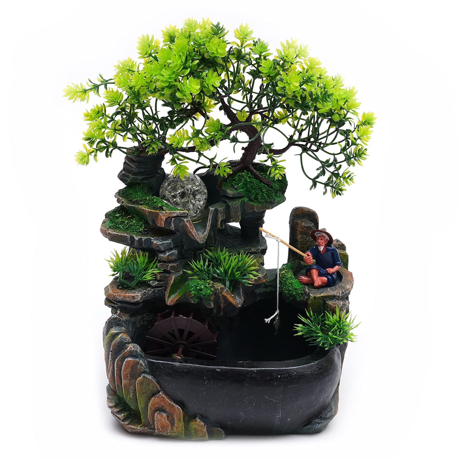 110V Tabletop Fountain Indoor, LED Waterfall Fountain Zen Meditation,Mini Silent Desktop Simulation Resin Rockery Water Fountain,Bonsai Home Decor for Office,Bedroom
