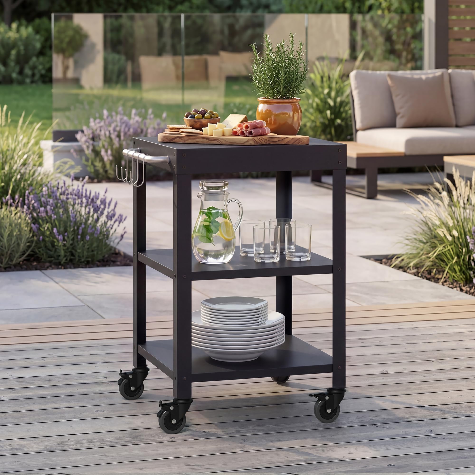 casa.pro Outdoor Servierwagen Bolognano Garten Rollwagen Stahl 81 x 50 x 50 cm Grillwagen mit 4 Haken Rollen mit Feststellbremsen Schwarz matt