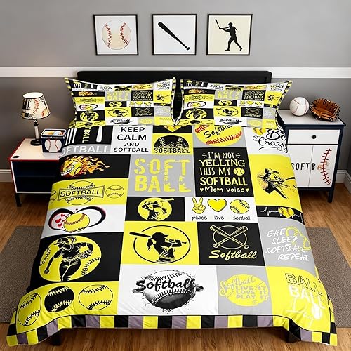 Miniatura 36 de Funda de edredón de sóftbol tamaño Queen para niños y niñas, juego de ropa de cama de color amarillo degradado, funda de edredón para juegos Camping