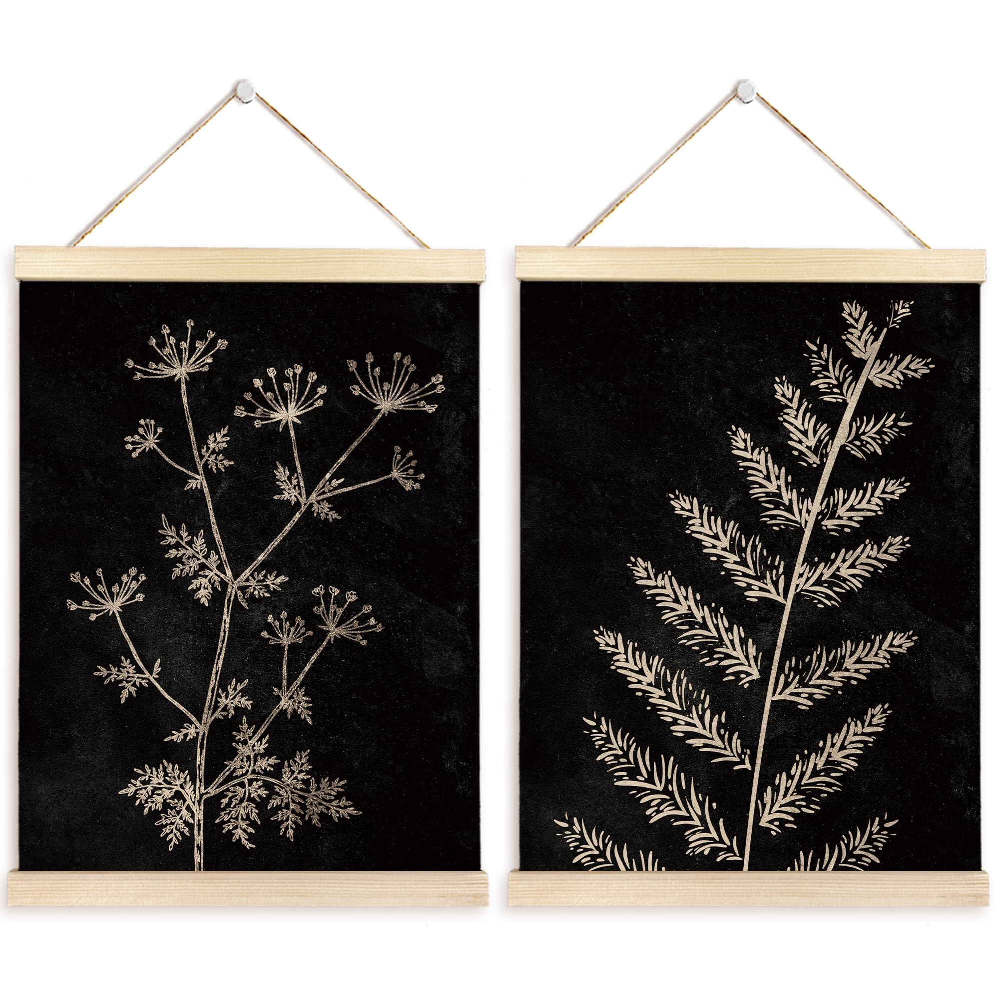 TAEDIN Boho Black Flowers Plant Wall Art Poster Hanger Frame Set of 2 - Vintage Botanical Bohemian Neutral Floral Wall Art with Wood Frames, Retro