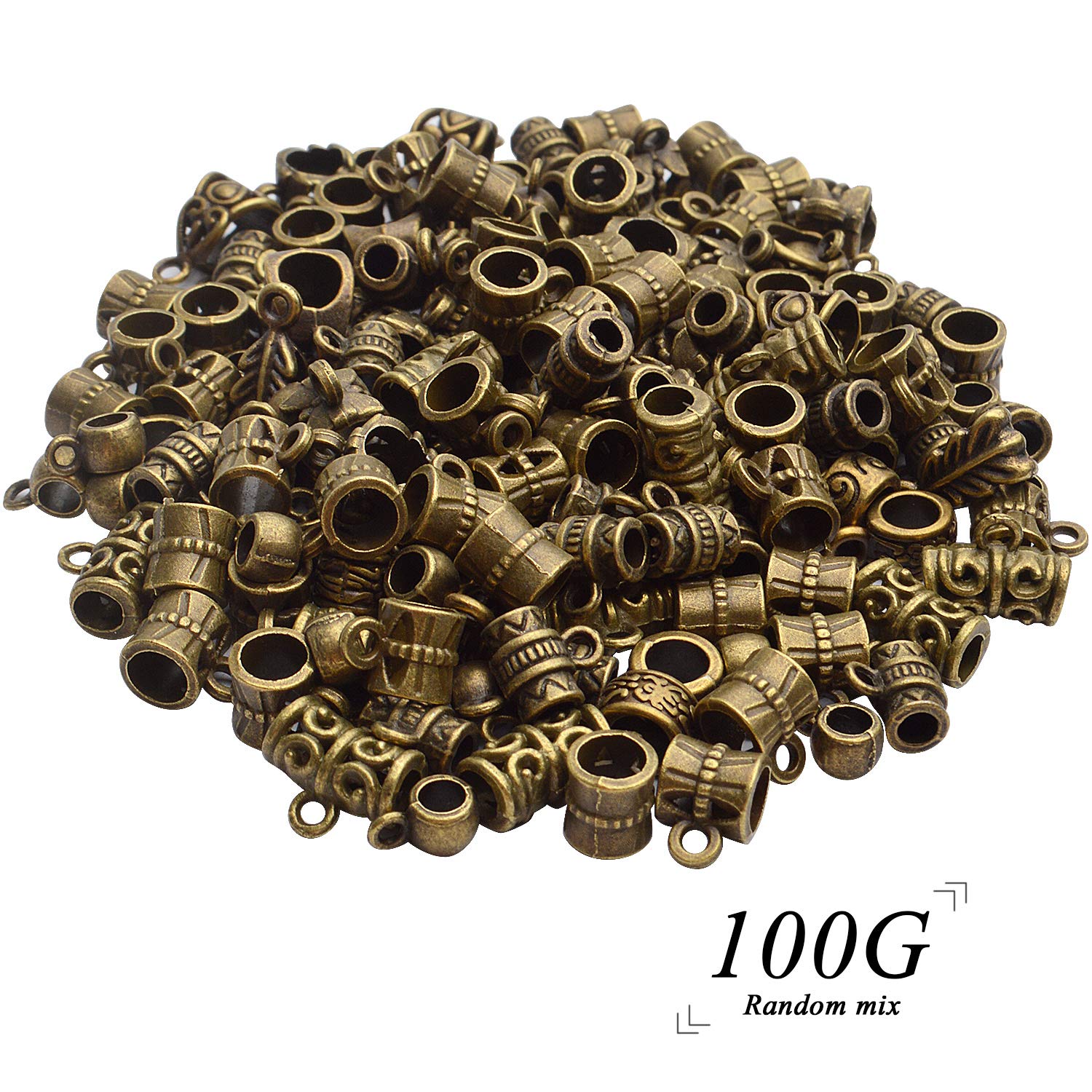 Tibetan Mixed Bail Beads Connectors - 100 Gram Metal Tube Bail Beads & Spacer Hanger Links for European Charm Jewelry Making, Antique Bronze