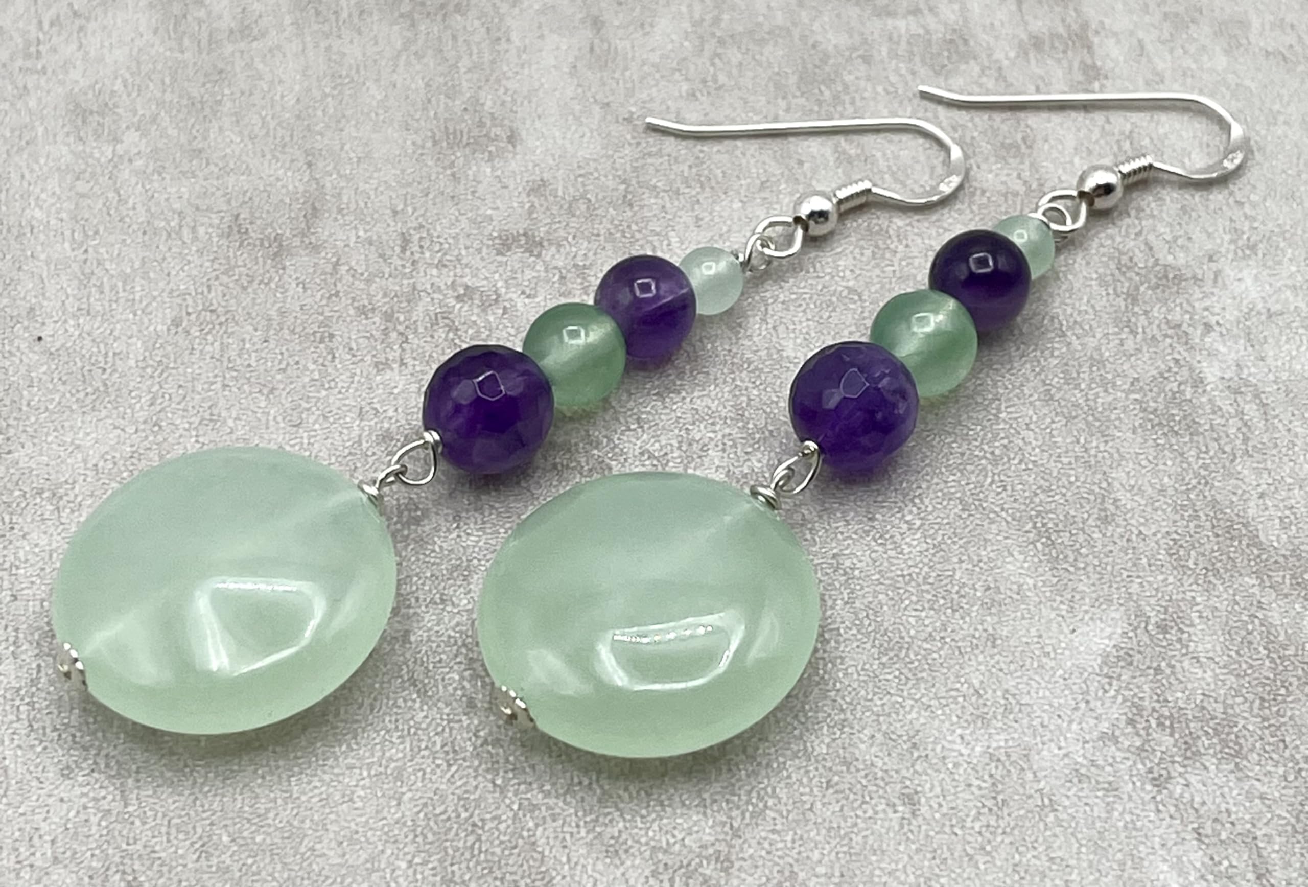 Orecchini Giada Verde e Ametista Viola, Pendenti in Argento 925, Gioielli Pietre Dure, Bijoux Estate, Regalo per Lei