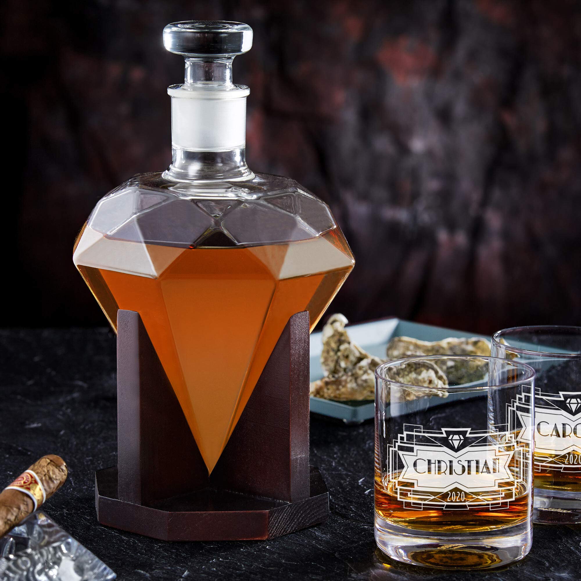 AMAVEL Set de Dégustation avec Carafe Diamant et 2 Verres à Whisky, Gravure Personnalisée, Motif Diamant, 2 Prénoms et 1 Année