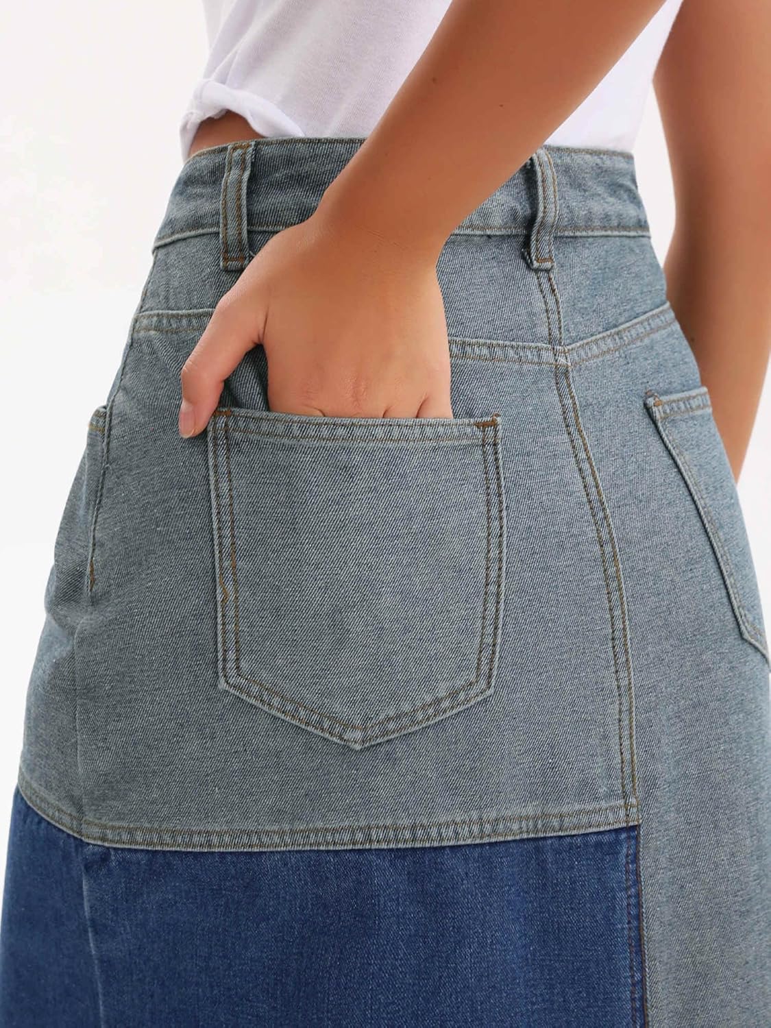 Women's Denim Skirt Patchwork Color Block Raw Hem High Waisted Midi Jean Skirts with Slit - Image 5