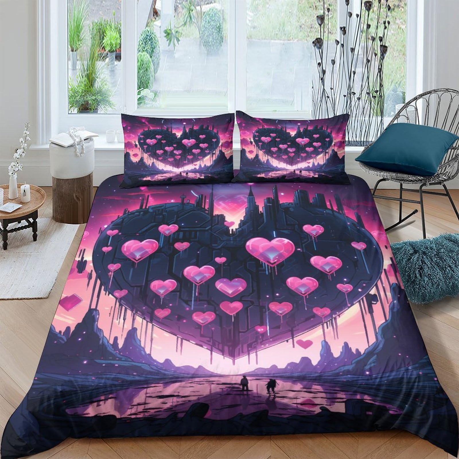 Linge de lit chic motif Love Sunset 220 x 240 cm lavable en machine pour une chambre moderne