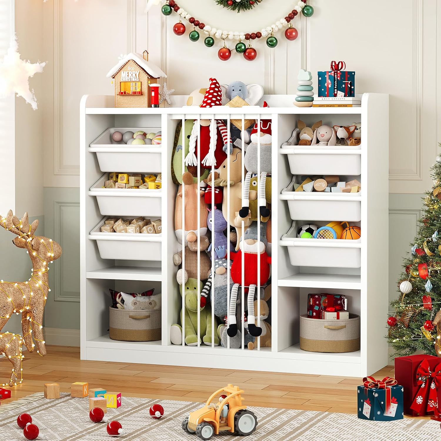 ONBRILL Toy Storage Organizer with 6 Removable Plastic Bins, Toddler Stuffed Animal Storage, Toy Box Cabinet with 2 Open Cubbies, Book Shelf for Kids Room Playroom Bedroom Nursery (White)