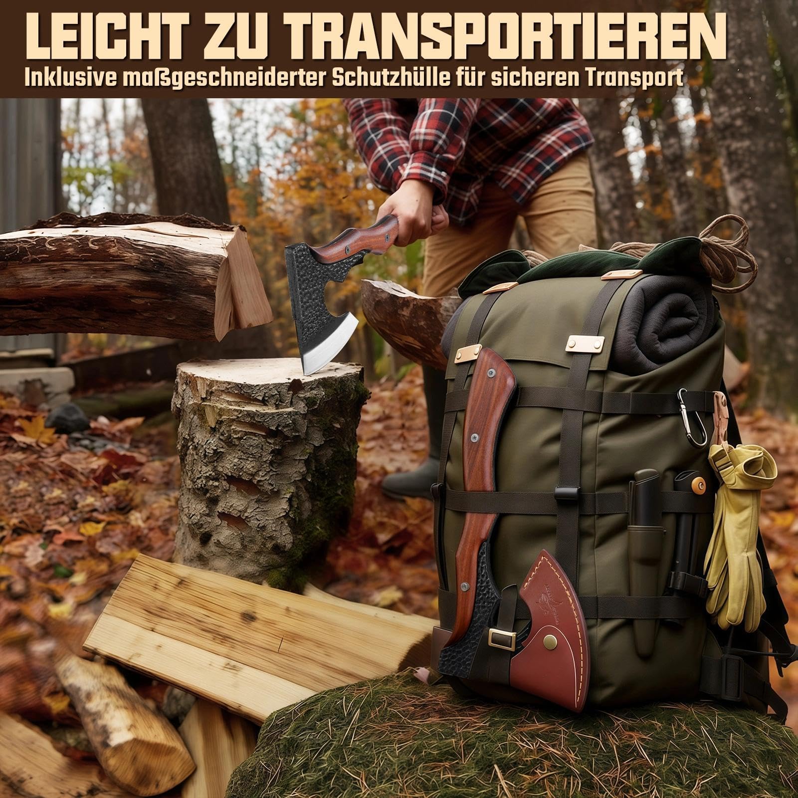 Purple Dragon Beil Axt Outdoor, Axt Holz Spalten, Spaltaxt für Holz, Handgeschmiedete Camping Axt aus Kohlenstoffstahl mit Holzgriff und Lederscheide für Survival und Wandern Geschenk für Männer