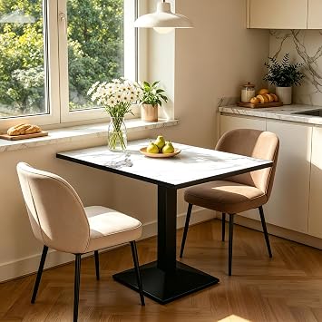 FATIVO Rectangular Sintered Stone Dining Table : Modern Bistro Marble Texture Table Top with Large Pedestal Base, 2-4 Seater Leisure Kitchen Tables Metal Frame for Indoor Outdoor Dining Room Tables