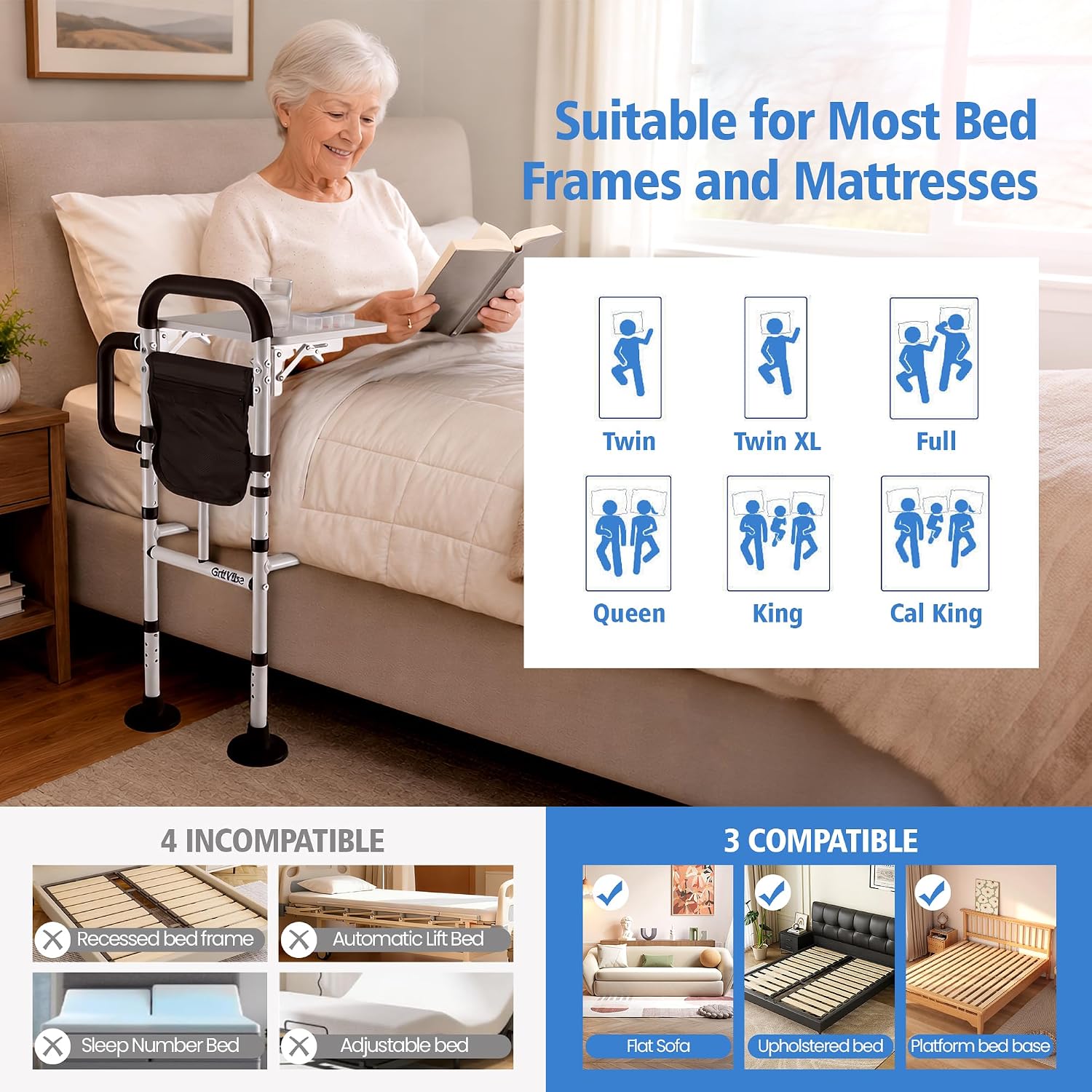Bed Rails for Elderly Adults Safety - ASTM F3186 Certified, 18-Level Adjustable Height with 2 Ergonomic Handrails, Foldable Table & Storage Pocket