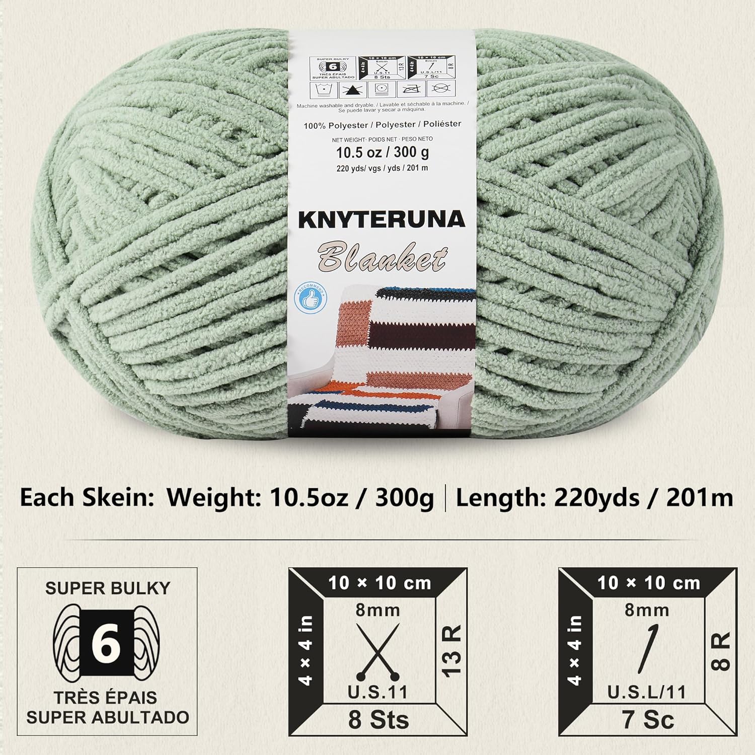 #6 Super Bulky Blanket Yarn for Crocheting - 4 Skeins(Each 10.5oz/300g, 220yds/201m), Chunky Chenille Thick Plush Big Soft Yarn for Crocheting Knitting Blankets, Sage Green