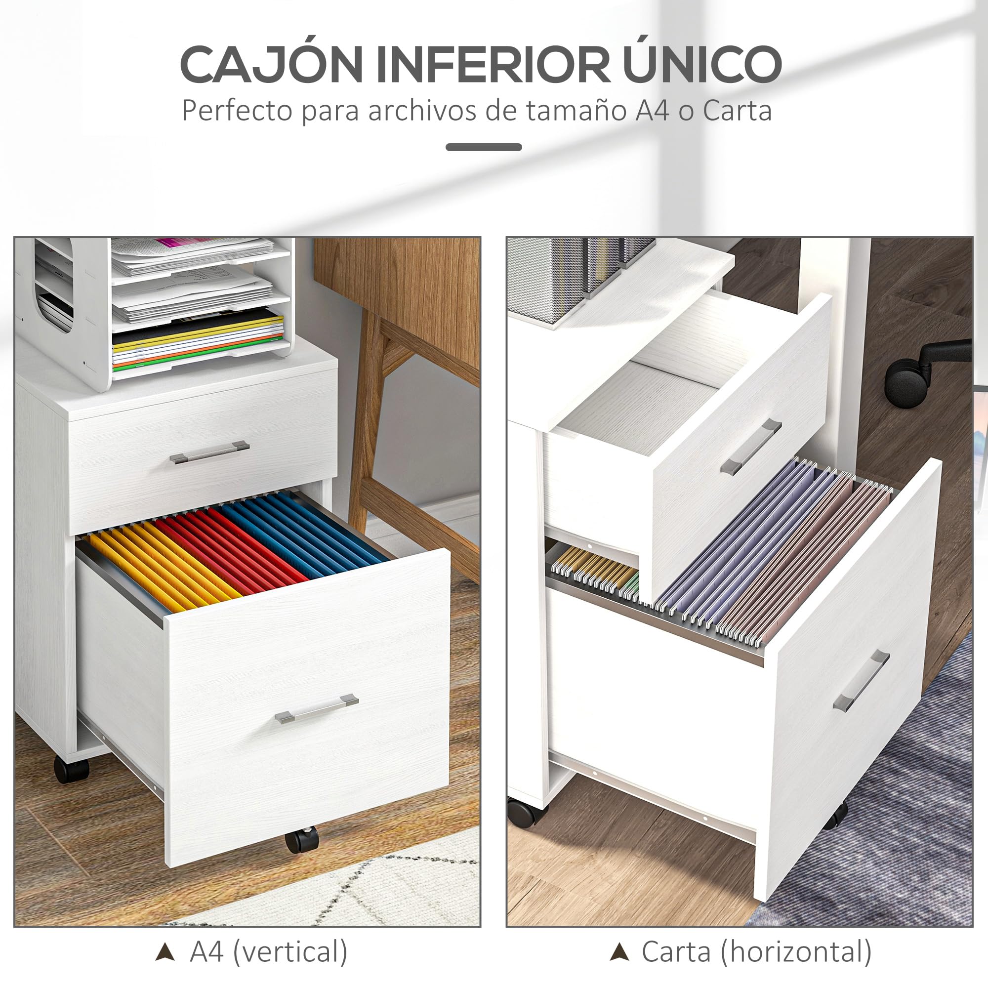 Vinsetto Archivio verticale con ruote, archivio mobile, Bianco | 2 cassetti, piccolo armadio da ufficio, per file Letter o A4, studio home office