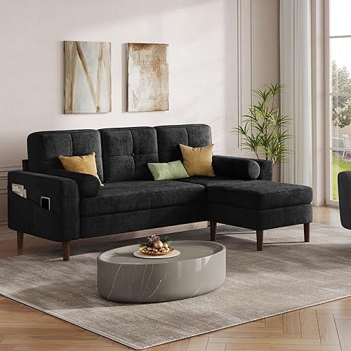 YITAHOME 78" Sectional Sofa Couch with Removable Ottoman, Cat-Scratch-Proof Fabric Sofa for Living Room Apartment, L-Shaped Sofa with 2 Cylinder Neck Pillows and Storage Pocket, Black