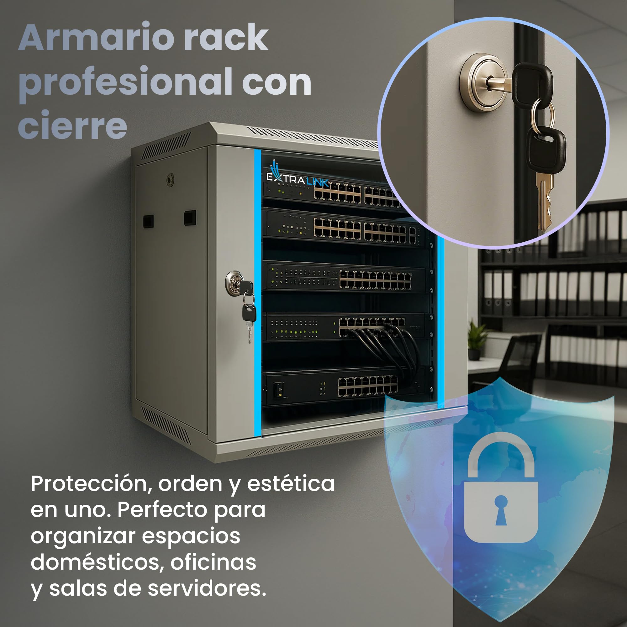 Extralink Armario Rack de 19" 4U - Armario de Red de 600mm, para Montaje en Pared o Suelo, hasta 60 kg, Puerta de Cristal Templado, Apertura de 180° Gris - para Red doméstica y Equipos informáticos