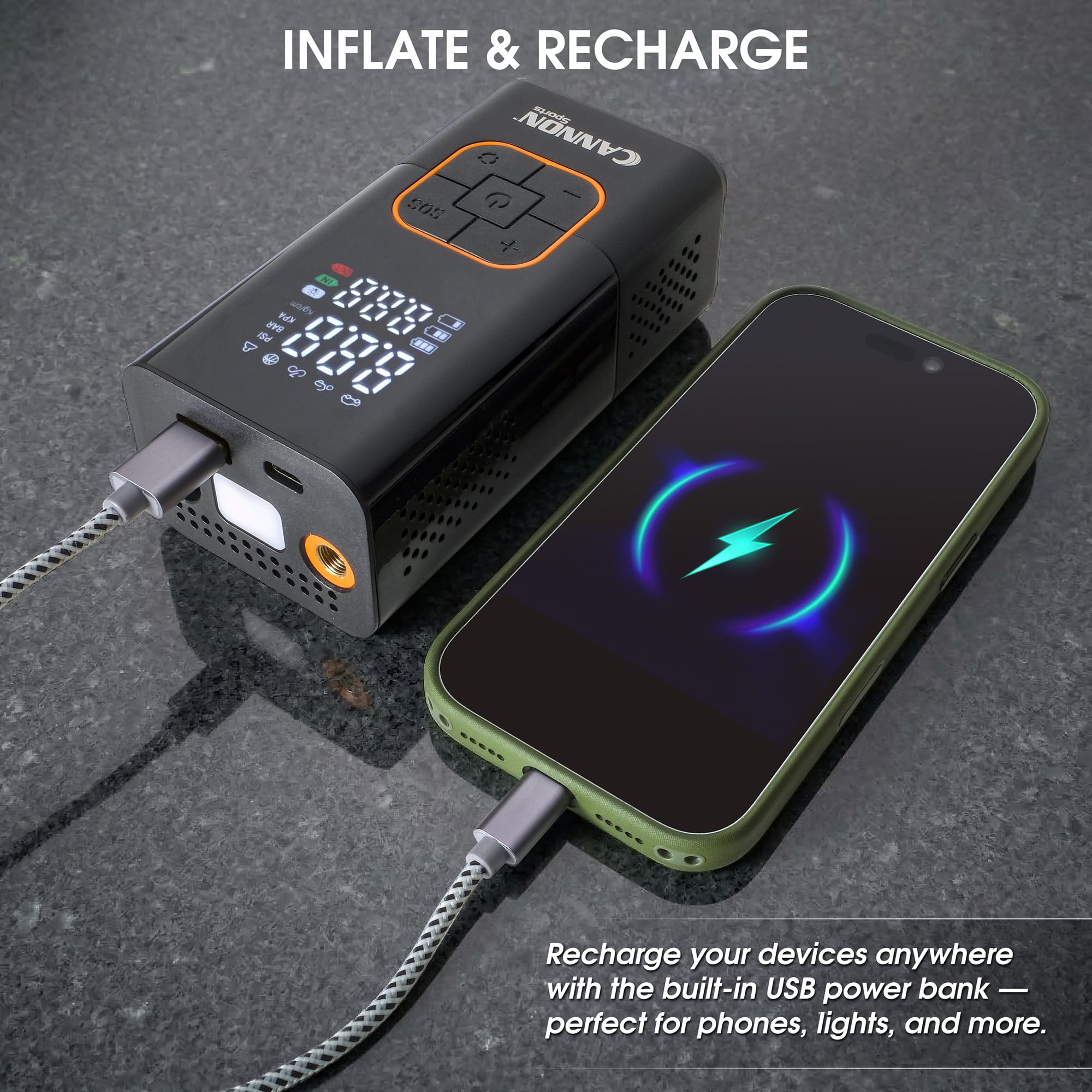 Cannon Sports Compresseur d'air portable et pompe à ballon électrique - Pompe numérique sans fil 150 PSI avec écran LCD, batterie rechargeable, lumière LED - Pour voiture, vélo, moto et ballons de