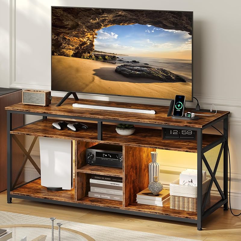CHOEZON TV Stand for 55 Inch TV, Entertainment Center with Power Outlets and LED Lights, Media Console Cabinet with Storage, X-Shaped Reinforcement for Bedroom, Rustic Brown and Black TDS24UDBF image 2