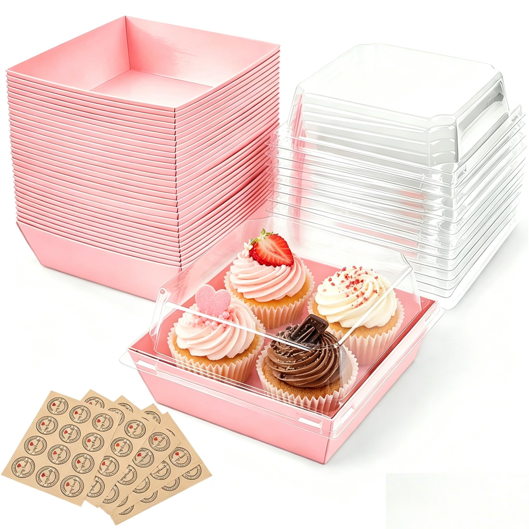 Joyseedi 50pcs Paper Cake Slice Boxes with Clear Lids, 12cm Oil-Proof Charcuterie Dessert Square Food Containers, Cupcake Takeaway Boxes for Bakery Macaron Sandwich Cookies (Pink)