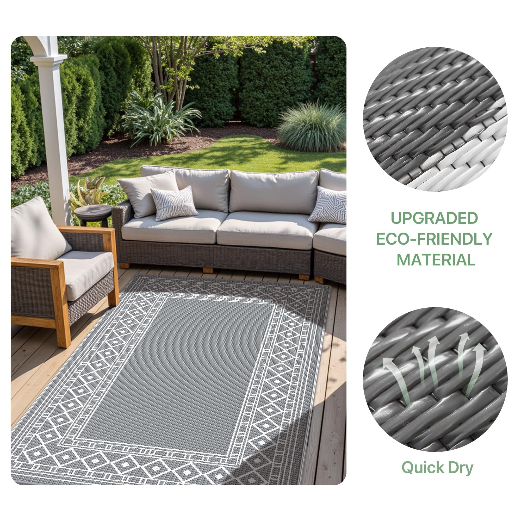 GENIMO Tappeto da Esterno 150x240 cm in Plastica Impermeabile Lavabile Reversibile, Vintage Grigio/Bianco per Terrazza Giardino Camper Picnic Balcone