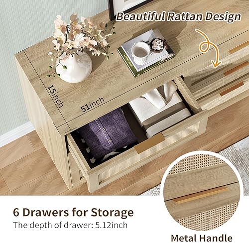 Miniatura 4 de Angel Sar Cómoda de ratán con 6 cajones cómoda de madera con almacenamiento cómoda doblecon mango de metal patas de madera maciza para dormitorio