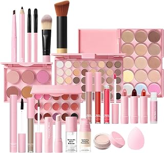 All in One Makeup Kit for Women, Complete Pink Cosmetic Set, Ideal gift. | Includes eyeshadow, blush, foundation & brushes. Full-face cosmetics. Portable palette for natural or glam looks