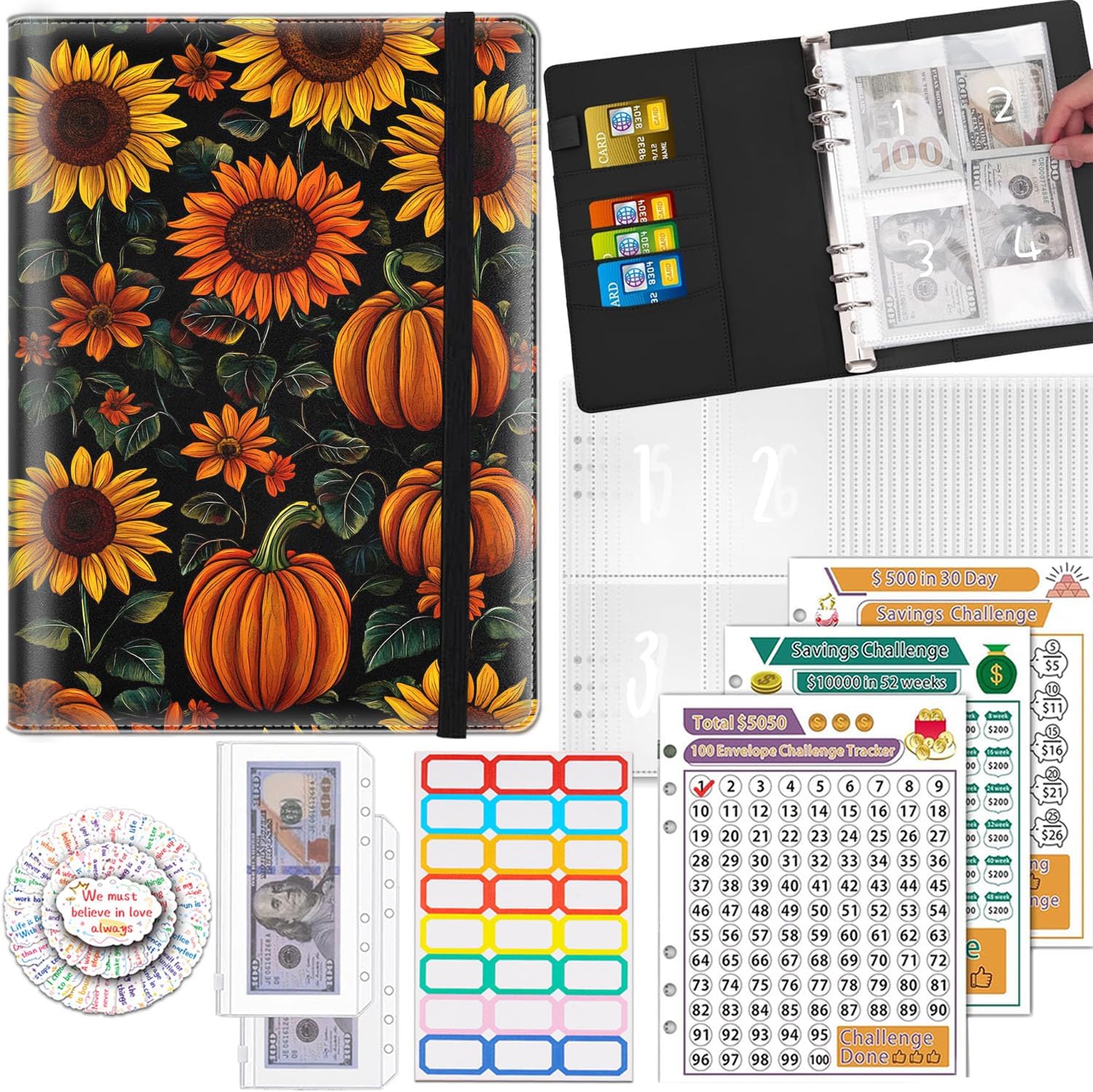 100 Envelopes Money Saving Challenge Binder,A5 Budget Binder with 25 pcs Cash Envelopes,3 pcs Reusable Laminated Trackers Saving $5050,$10000, Money Organizer,Mexican Day of The Colorful Flower Girl