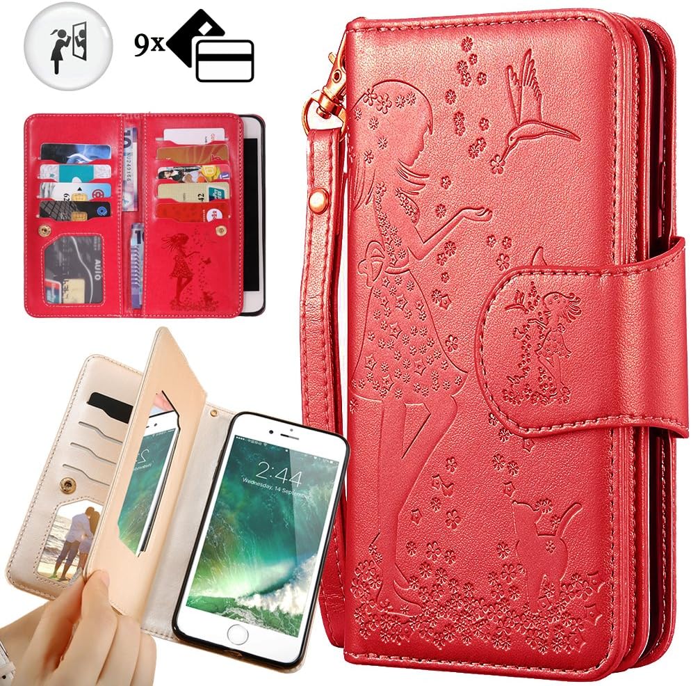 iPhone 6S Plus Wallet Case,Auker Trifold 9 Card Holder+Makeup Mirror Girly Vintage Book Leather Flip Flop Magnetic Closure Folding Stand Purse Case Cover with Cash Pocket for iPhone 6 Plus (Red)