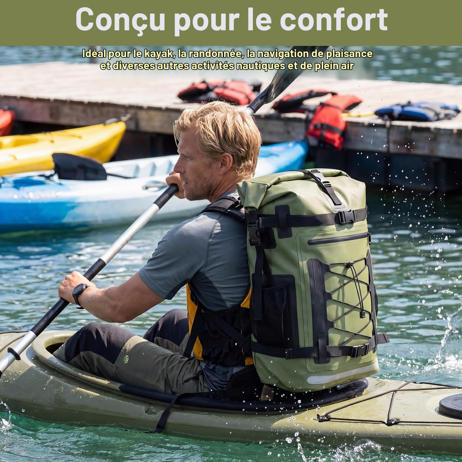 XREE Sac étanche vert militaire avec fermeture par enroulement pour les activités de plein air telles que les voyages, la randonnée, le kayak, le camping et les sports nautiques, vert, 40L, Sac