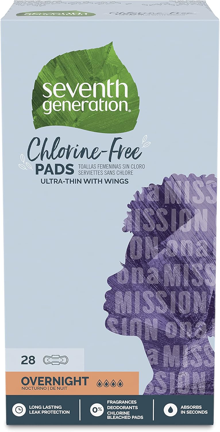 Seventh Generation Ultra Thin Pads, Overnight with Wings, Chlorine Free, 28 Count (Packaging May Vary)