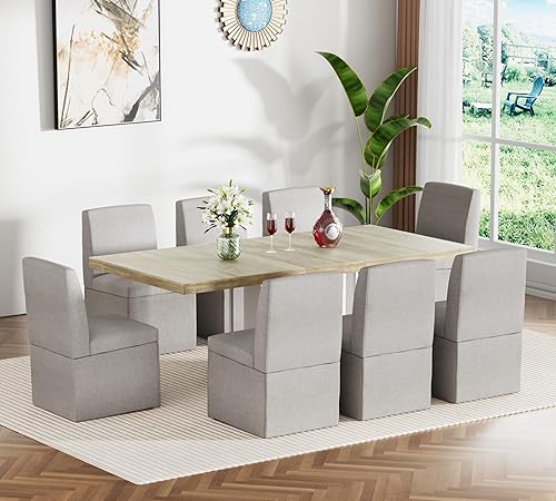 Miniatura 24 de Juego de mesa de comedor extensible para mesa de cocina extensible de 4, 5 piezas y 4 sillas de almacenamiento ocultas de lino tapizadas de madera