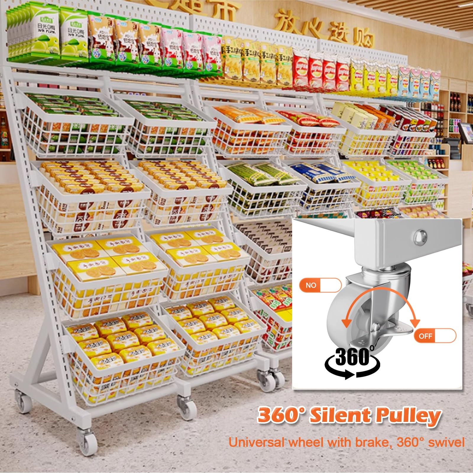 4-stöckiges, weißes Verkaufsregal für Süßwaren und Snacks, freistehender Metallsgal für Süßwaren und Snacks, freistehender Metallständer mit 6 Rollen und 10 Haken, Supermarktregal für Snacks