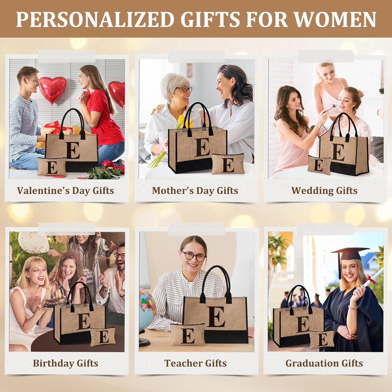 Initial Jute Tote Bag & Makeup Bag, Birthday Gifts for Women Her Mom Teachers Friends - Image 4