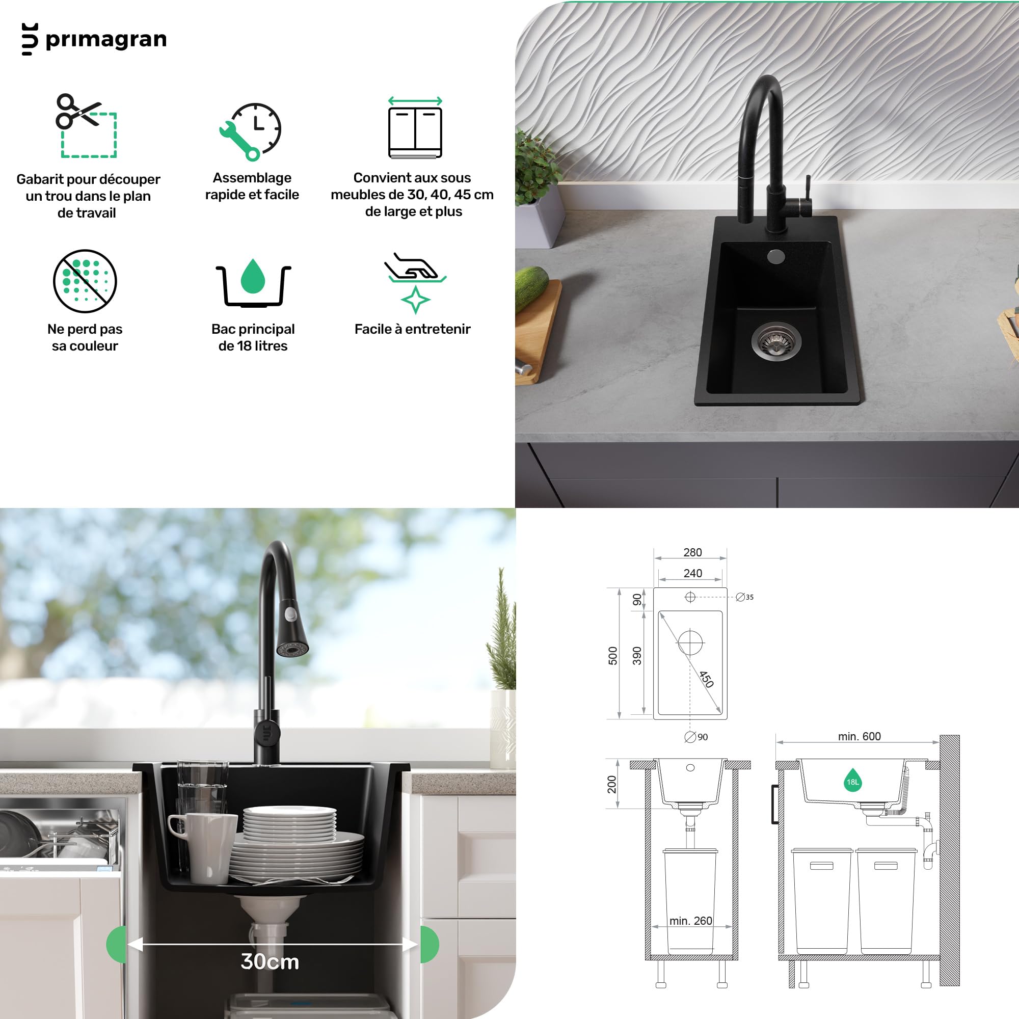 PRIMAGRAN Evier Cuisine en Granit Tout Noir 28x50cm, Lavabo 1 bac + Robinet 32x20cm + Kit de Vidage, Évier à Encastrer au Meuble 30cm - Riga S012