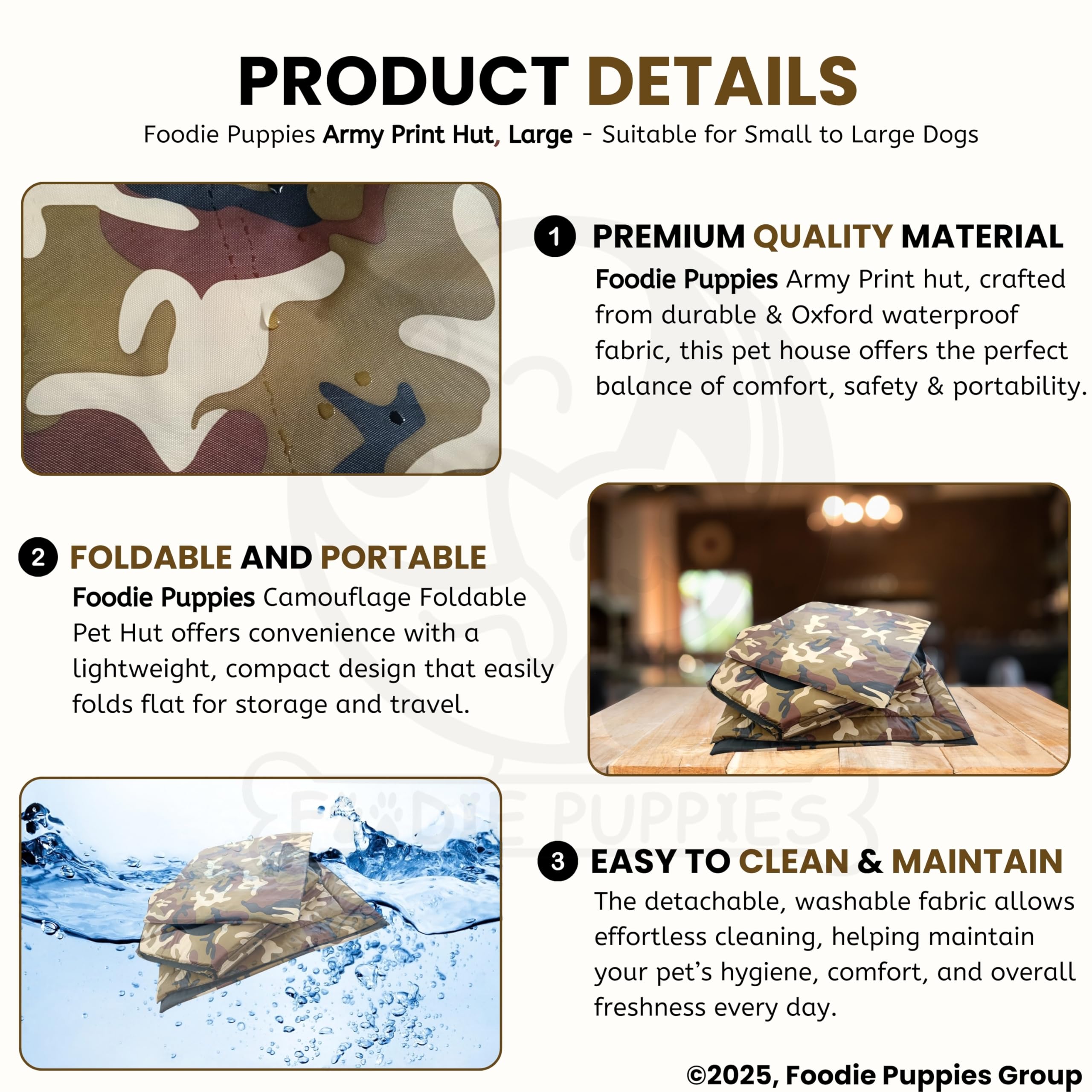 Foodie Puppies Soft & Light Weight Designer Luxurious Foldable Hut Army Print Large Pet Tent/Kennel/House/Hut for Cats/Kitten/Puppies & Dogs (54 x 53 x 62 cm), (Large) 1