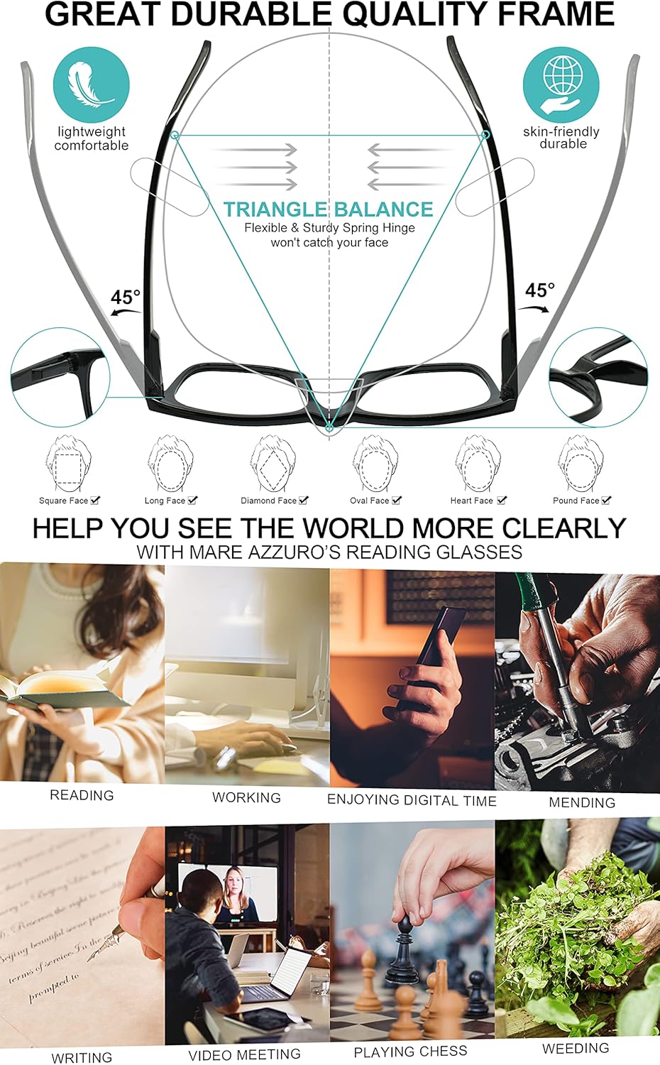 MARE AZZURO Big Frame Reading Glasses Men Square Readers 1.0 1.5 2.0 2.5 3.0 3.5 4.0 5.0 6.0 - Image 4