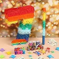 Vista 24 de Lenwen Juego de 120 piezas de piñatas arcoíris, piñata multicolor para fiesta de cumpleaños con palo para los ojos vendados y confeti Premio