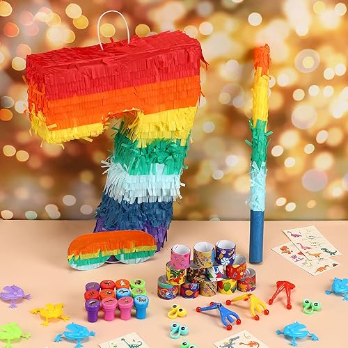 Vista 24 de Lenwen Juego de 120 piezas de piñatas arcoíris, piñata multicolor para fiesta de cumpleaños con palo para los ojos vendados y confeti Premio