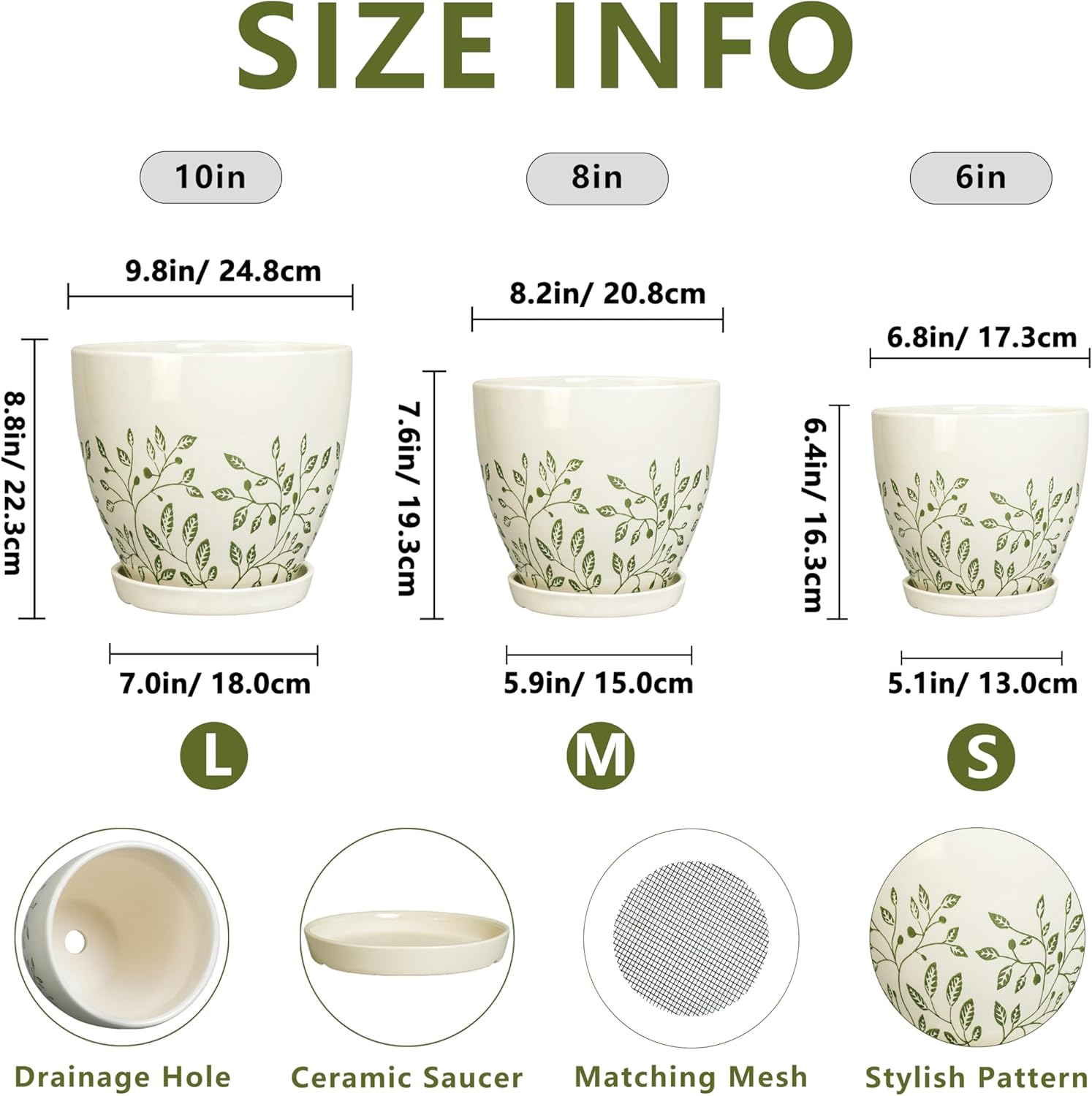 MPotTo Ceramic Pots for Indoor Plants - 10+8+6 Inch Planters with Drainage Holes and Saucers, Decorative Boho Round Indoor Planters Pots, Room Decor, Gifts for Plant Lovers, Set of 3, White