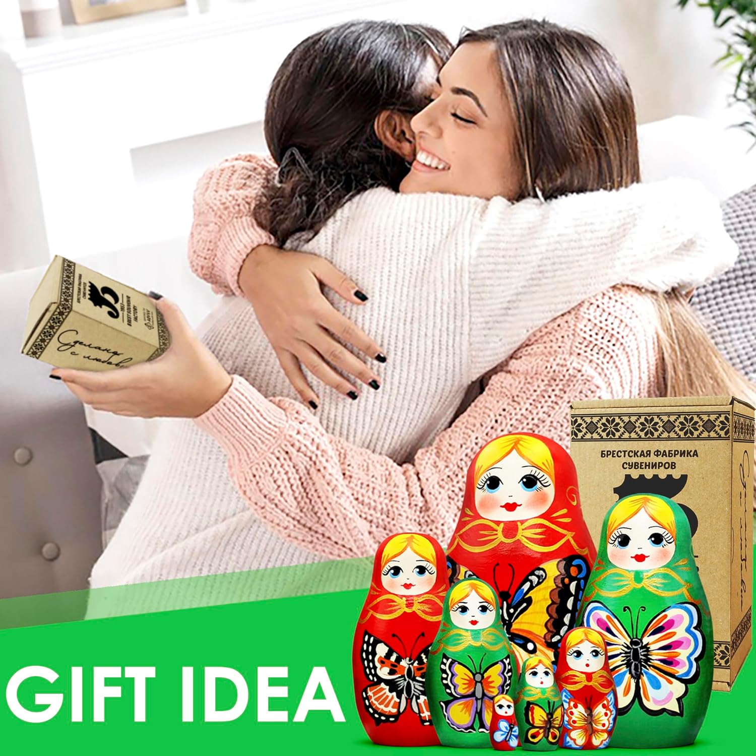 AEVVV Butterflies Russian Nesting Dolls Set 7 pcs - Matryoshka Dolls with Butterfly Decorations - Butterfly Gifts for Women - Babushka Dolls Red Green Decor