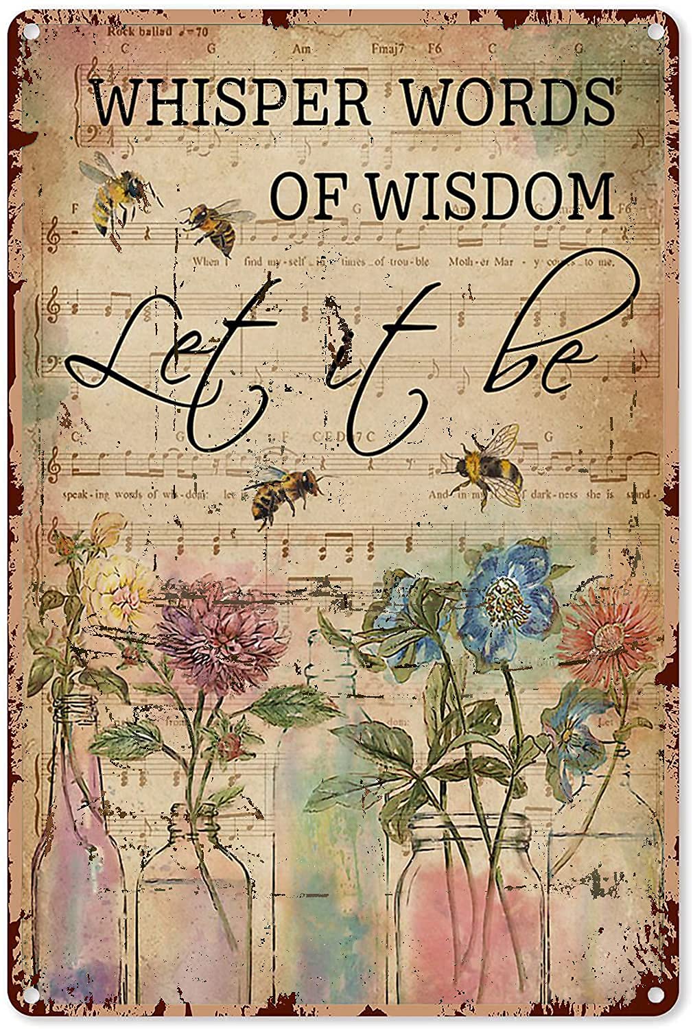 rayprint Outdoor Watercolor Whisper Words Of Wisdom Music Sheet Bee Flower Metal Sign Decor Tin Aluminum Sign Wall Art Metal Poster For Garden Home Kitchen Party 8x12 Inch